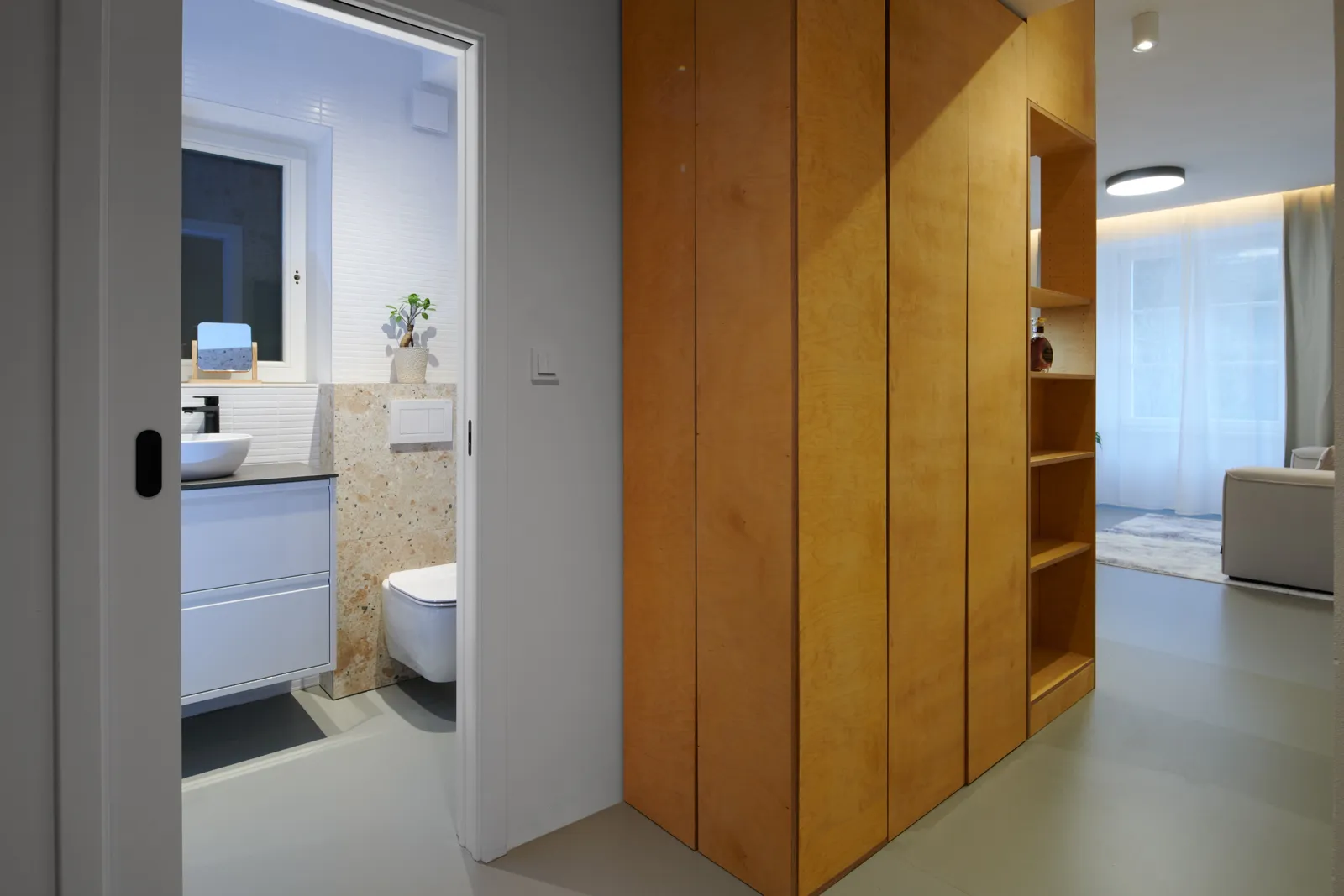 Plywood cabinet block with open shelving