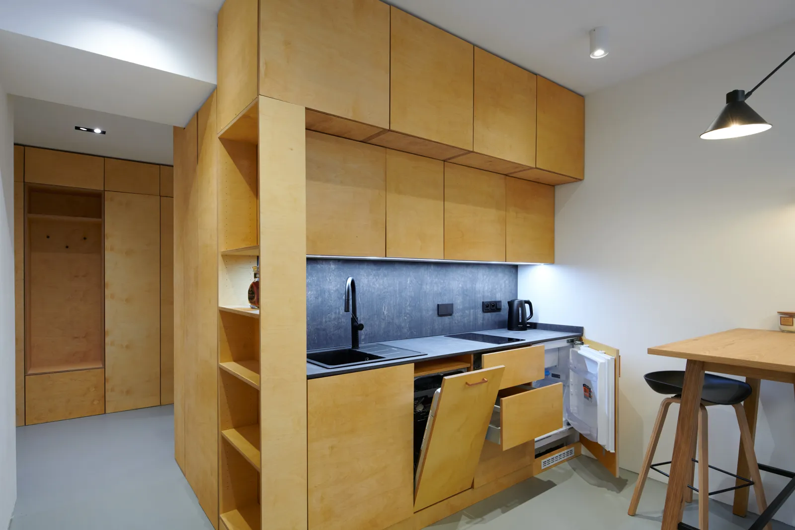 Plywood kitchen with integrated dishwasher and fridge